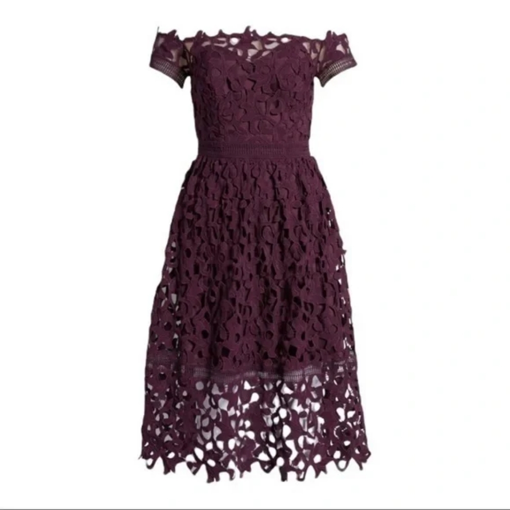 Off-Shoulder Burgundy Lace Skater Dress